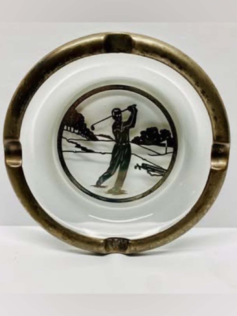Art Deco 1930s Ashtray Golfer Sterling Silver Overlaid Glass Rockwell Silver Co